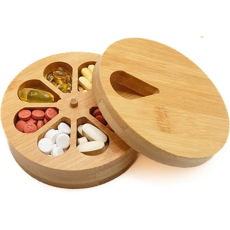 Caixa circular de madeira para comprimidos, recipiente semanal para medicamentos e vitaminas, caixa circular de madeira para comprimidos de 7 dias, ornamento natural, portátil