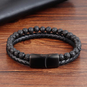 Nieuwe Ontwerp Mannen Lava Steen Spirituele Bescherming Balans Meditatie Armband Roestvrij Staal Lederen Overdrukventiel Armband - Product Image 3