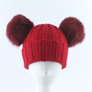 Véritable raton laveur double boule chapeau ski <span class=keywords><strong>pompon</strong></span> hiver boule de fourrure de <span class=keywords><strong>renard</strong></span> tout match parent-enfant chapeau enfants tricot chapeaux d'hiver - Product Image 3