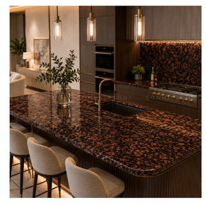 Dalles de pierre en granit naturel brun doré de qualité supérieure avec de riches motifs minéraux foncés pour les projets d'aménagement intérieur résidentiel et commercial - Product Image 1