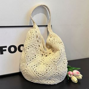 Bolso de Mujer Tejido a Mano con Hilo de Algodón y Crochet, Diseño de Cuadrado Granny y Flor Hueca, Accesorio de Moda con Tejido de Paja - Product Image 5