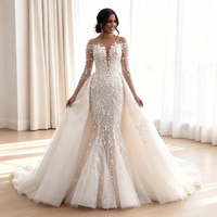 Robe de mariée sirène moderne et ajustée pour femme, taille naturelle, longue, traîne chapelle, appliques en dentelle