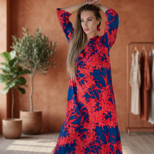 <b>Boho</b> Maxi <b>Dress</b> Women Long Sleeve Floral Print Loose Fit Chiffon <b>Summer</b> Casual Red Blue Pattern Straight Hem Holiday Celebration - Product Image 4