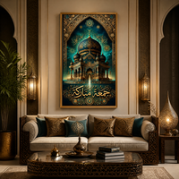 Impression sur toile polyester de haute qualité 60x90cm, art mural mosquée vert-bleu doré, calligraphie arabe pour la maison et le bureau