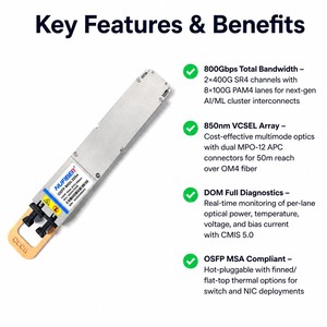Ricetrasmettitore Dual Breakout OSFP 800G 2*SR4 850nm 50m OM4 MMF Dual MPO-12 per Interconnessione HPC <span class=keywords><strong>AI</strong></span> GPU Cluster Leaf Spine - Product Image 2