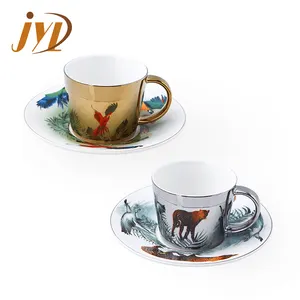 Funny parrot leopard eagle animal pattern decoration mirror reflection ceramic cup and saucer