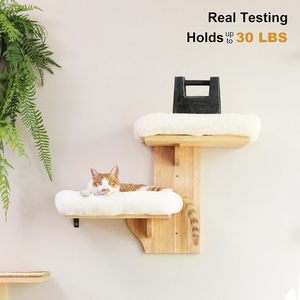 2 étagères murales pour <span class=keywords><strong>chat</strong></span>, style Art Déco, en forme d'arbre, avec coussin moelleux, en bois de caoutchouc massif, adaptées aux cloisons sèches - Product Image 2