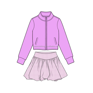 Wholesale Kids Yoga <b>Clothing</b> <b>Set</b> Zip Up Long Sleeve Top and Matching Checked Skirt for <b>Girls</b> - Product Image 2
