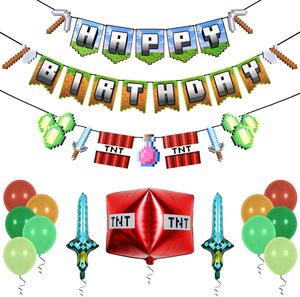 LEMON Pixel Decoraciones <span class=keywords><strong>de</strong></span> cumpleaños Gaming Themed Happy Birthday Banner con TNT y Sword Foil Globos Pixel Party Decoraciones - Product Image 1