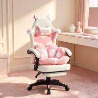 Chaise de jeu ergonomique rose mignonne avec oreilles de chat et repose-pieds, style Kawaii, pour filles, avec coussin doux en forme de patte de chat