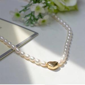 Collar de Perlas de Agua Dulce Naturales en Forma de Arroz, Chapado en Oro de 14K, Color Blanco, Calidad Completa, con Cadena Ajustable en Forma de Corazón - Product Image 4