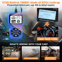 Escáner OBD2 de 12V, nuevo lector de código de vehículo azul V750 OBD II, herramienta de diagnóstico automotriz