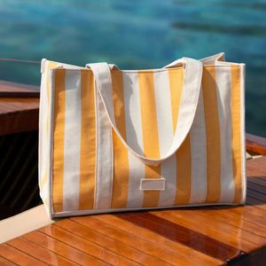BSCI Factory Summer Strip Canvas Printing Traveling Tote Bags Portable Large Capacity Fashionable <b>Custom</b> Logo Women Tote Bag - Product Image 1