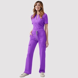 Women's V Neck Scrub Set Moisture Wicking Split Uniform Hospital Workwear Casual <b>Top</b> And Pants For Nurses - Product Image 3