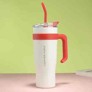 Vaso de acero inoxidable de 40 oz de gran capacidad con asa y pajita - Product Image 3