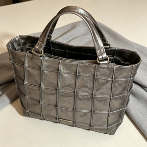Women Metallic <b>Silver</b> Square Grid Tote Handbag Removable Crossbody Strap For Office - Product Image 5