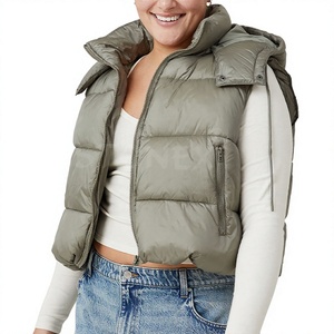 Gilet matelassé pour femme avec capuche amovible, fermeture éclair, veste d'hiver, couleur unie, longueur courte, rembourrage en polyester - Product Image 1