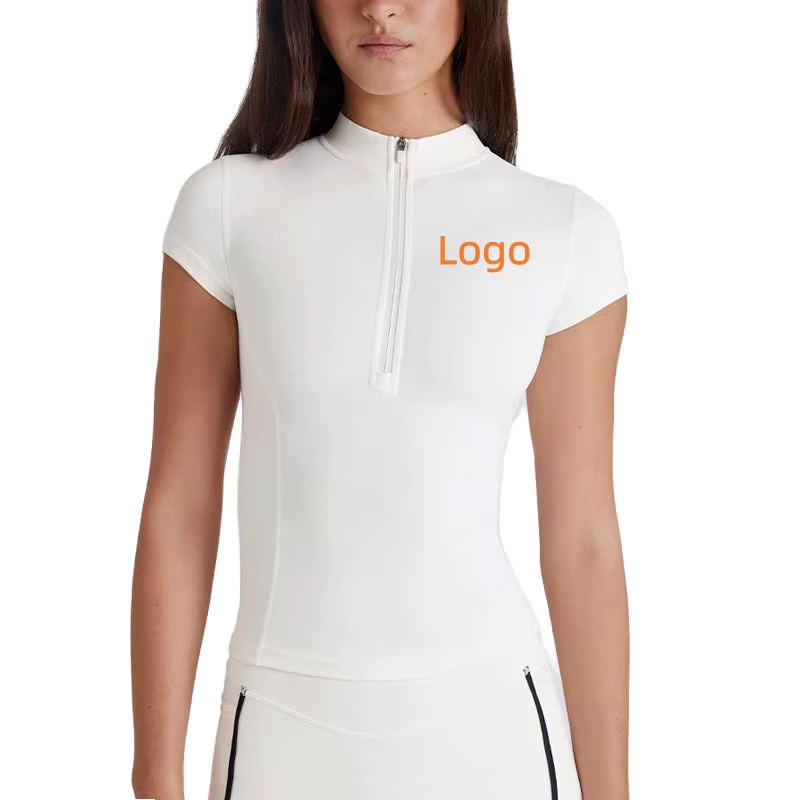 Women's Sports Yoga T-shirt Slimming Skinny Fit Shorts Zipper Front Stand-neck Breathable Quick-drying Heat-Transfer Printed