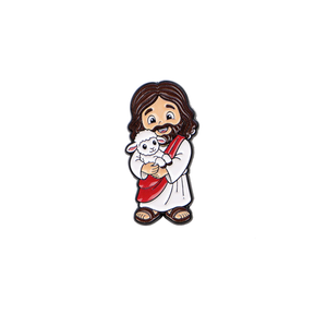 Broche en émail Jésus-Christ mignon avec agneau dans les bras et bouquet de fleurs, en métal souple, idéale comme cadeau pour l'Église chrétienne - Product Image 5