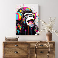 Peinture murale abstraite traditionnelle sur toile, gorille avec écouteurs, multicolore, huile peinte à la main pour salon