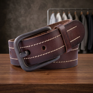 Extra Brilliant Men's Cow Hide Vintage Eco-Friendly Heavy Duty Breathable Belt Brown Black Custom Length Steel Pin Skull Square - Product Image 1