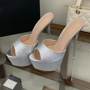 Zapatillas de tacón de aguja con lentejuelas y plataforma para mujer, sandalias de verano con punta abierta, para banquetes, de goma - Product Image 1
