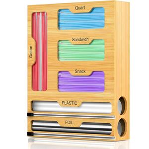 Dropshipping Shopify bolsa organizador de almacenamiento de papel de aluminio y dispensador de envoltura de plástico con cortador bolsa de plástico de bambú organizador de bolsas de alimentos - Product Image 1