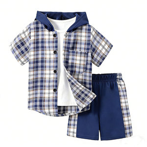 Ensemble de vêtements d'été pour garçon, <span class=keywords><strong>chemise</strong></span> à manches courtes à <span class=keywords><strong>carreaux</strong></span> à capuche + short, 2 pièces, vêtements pour enfants - Product Image 6