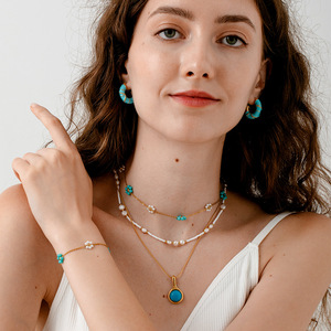 Ensemble de bijoux plaqué or 18 carats, boucles d'oreilles demi-rondes en forme de goutte d'huile européennes, colliers en turquoise bleue, perles d'eau douce et pierres œil de tigre - Product Image 2