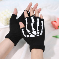Mitaines en tricot jacquard à motif squelette d'Halloween, mi-doigts, chaudes, pour fête, vente en gros à prix abordable