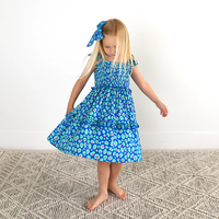 ODM Supply Robe sans manches pour filles Vêtements pour enfants en bambou Robe fumée imprimée au genou motif dessin animé
