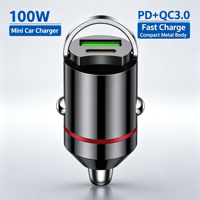 Chargeur de voiture mini en métal Astree 100W, charge rapide PD QC3.0, USB-C 12-24V, design à anneau de traction, garantie 3 ans, allume-cigare de voiture