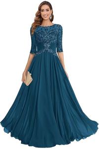 الدانتيل طاقم الرقبة أم فستان العروس مع نصف الأكمام خط طويل الشيفون الزفاف فساتين الضيوف يزين فساتين الأم - Product Image 4