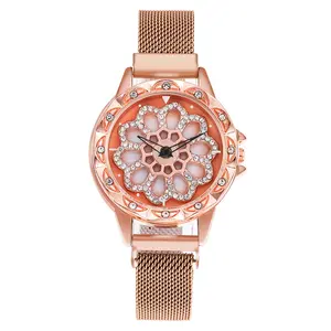 WJ-8052 Fashion Can Turn Flower Dial Creative Magnet Ladies Watches New Arrival Stainless Steel Mesh Band Wrist Watch For Women