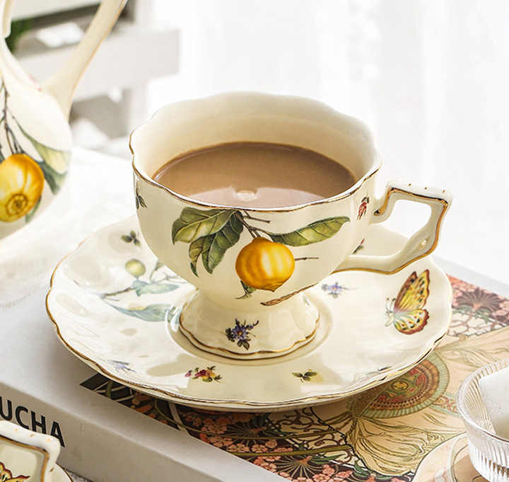 Vintage French Lemon Pattern Wide-Mouth Ceramic Tea Cup Saucer Set for ...