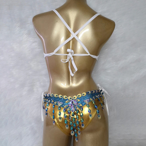 <span class=keywords><strong>SPEDIZIONE</strong></span> GRATUITA Set da 3 Pezzi per Danza del Ventre Samba da Donna, Reggiseno <span class=keywords><strong>e</strong></span> Cintura in Poliestere con Filo Metallico, Slip Dorato Fatto a Mano con Cristalli - Product Image 3