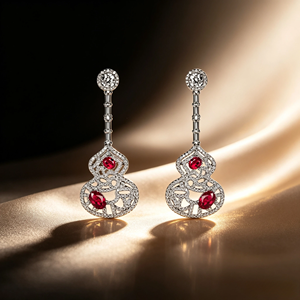 Boucles d'oreilles tendance plaquées or FYEDRED3367 avec zircon et argent 925, design gourde Ruyi de luxe léger - Product Image 2
