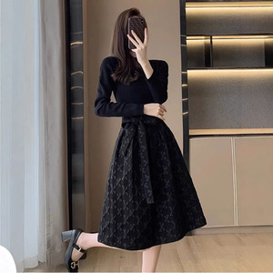 Women's Two Piece Set Black Knitted Top With Belted Skirt Autumn Winter 2025 Fashion Solid Color Full Sleeve Dress - Product Image 2