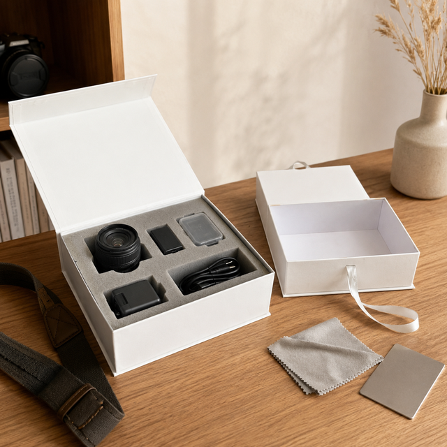 Custom Eco Recycled Rigid Paper Boxes with Custom Cut EVA Foam Liner for Digital Camera Lens Accessory Packaging