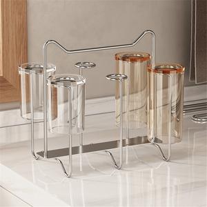 304 Stainless Steel Modern Single Tier Wall Mounted Cup Holder <b>Rack</b> with Drain and Inverted Buckle Design - Product Image 3