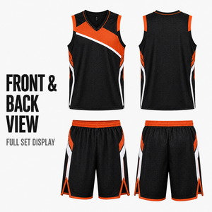 Uniforme de basket-ball pour hommes personnalisé noir et <span class=keywords><strong>orange</strong></span> géométrique, ensemble de maillot et short en maille nid d'abeille pour les tournois de basket-ball professionnels - Product Image 3