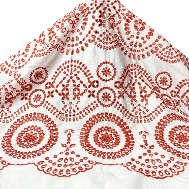 Raccolto 100% voile di cotone di base filo rosso occhiello geometriche patterned di frontiera del design a forma di tessuto del ricamo