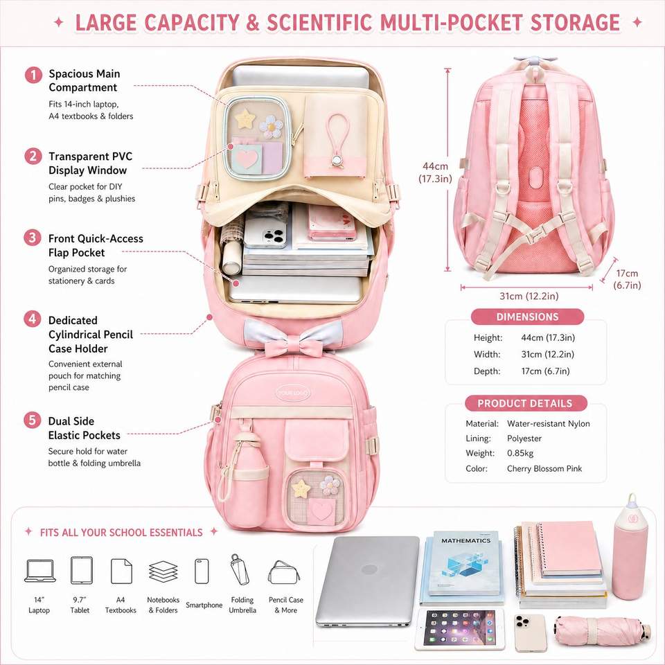 Custom Logo Cute Kawaii School Backpack Clear Display Window Pastel ...