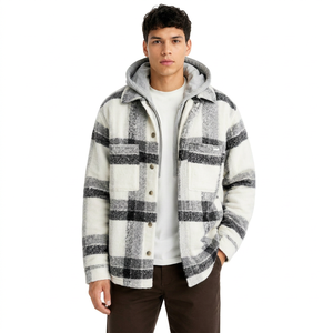 Men's Oversized Plaid Hooded Shacket <b>Jacket</b> White Grey Checkered Hooded Shirt <b>Jacket</b> Casual <b>Flannel</b> Overshirt Button Front Layer - Product Image 1