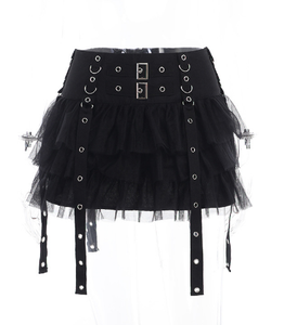 Minifaldas Góticas con Volantes Oscuros, Estilo <span class=keywords><strong>Mall</strong></span> Gothic, con Malla, Estética Grunge, Harajuku, con Hebilla, Falda en Línea A, Punk, Cintura Alta, Estilo Alternativo - Product Image 2