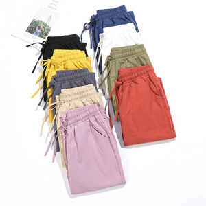 <span class=keywords><strong>Pantaloni</strong></span> Casual in Lino/Cotone da Donna, Vestibilità Ampia, Stile <span class=keywords><strong>Carrot</strong></span>, Vita Alta Elasticizzata, Laccio Frontale, Lunghezza alla Caviglia - Product Image 1