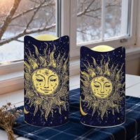 Velas LED Decorativas sin Llama, 3 Piezas, Diseño Personalizado de Fábrica con Patrón Celestial de Sol, Estrella y Luna, Borde Festoneado, Control Remoto