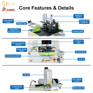 เครื่องจักรผลิตประตูหน้าต่างอลูมิเนียม JUNDE แบบคอมโบ CNC เจาะกัด + เลื่อยคู่ 45 องศา °   + 90 °   ชุดเครื่องตัด - Product Image 4