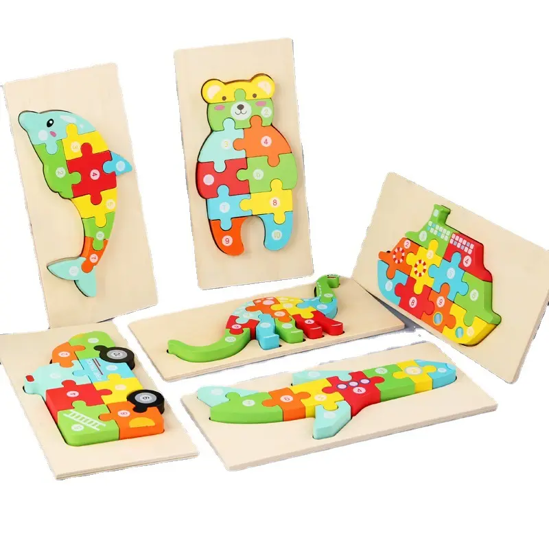 Training toys kids cartoon sublimation printed wood brick game blocks board early educational 3d wooden animal jigsaw puzzles