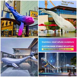 Sculpture de poisson volant géométrique de dessin animé abstrait moderne écologique sculpté en acier inoxydable baleine bloc visage ornement de sol - Product Image 5
